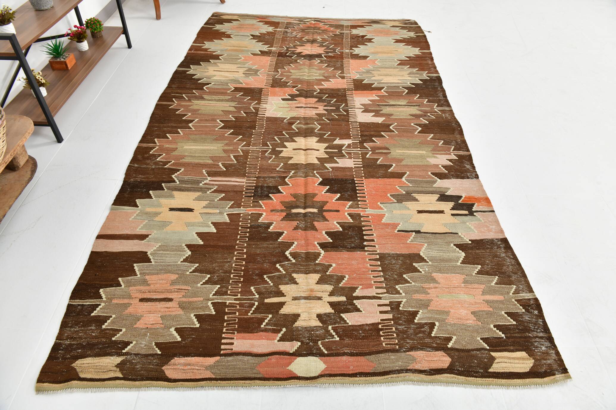 6x12 Brown & Beige Turkish Vintage Kilim Rug, 179x363Cm SK 35163