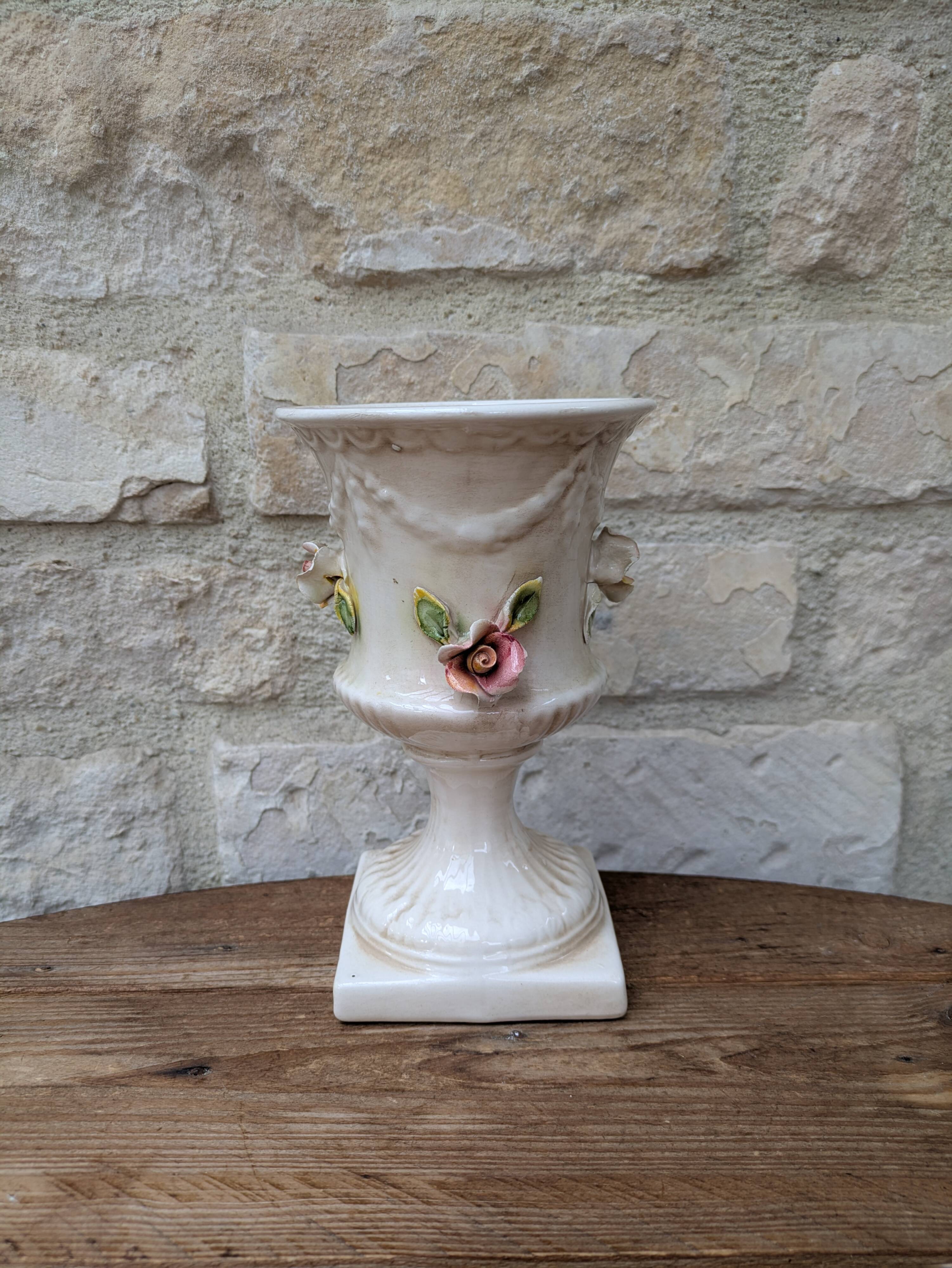 Antique Italian ceramic vase in slip style with rose decoration