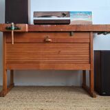 Vintage workbench with vices, antique workshop furniture.