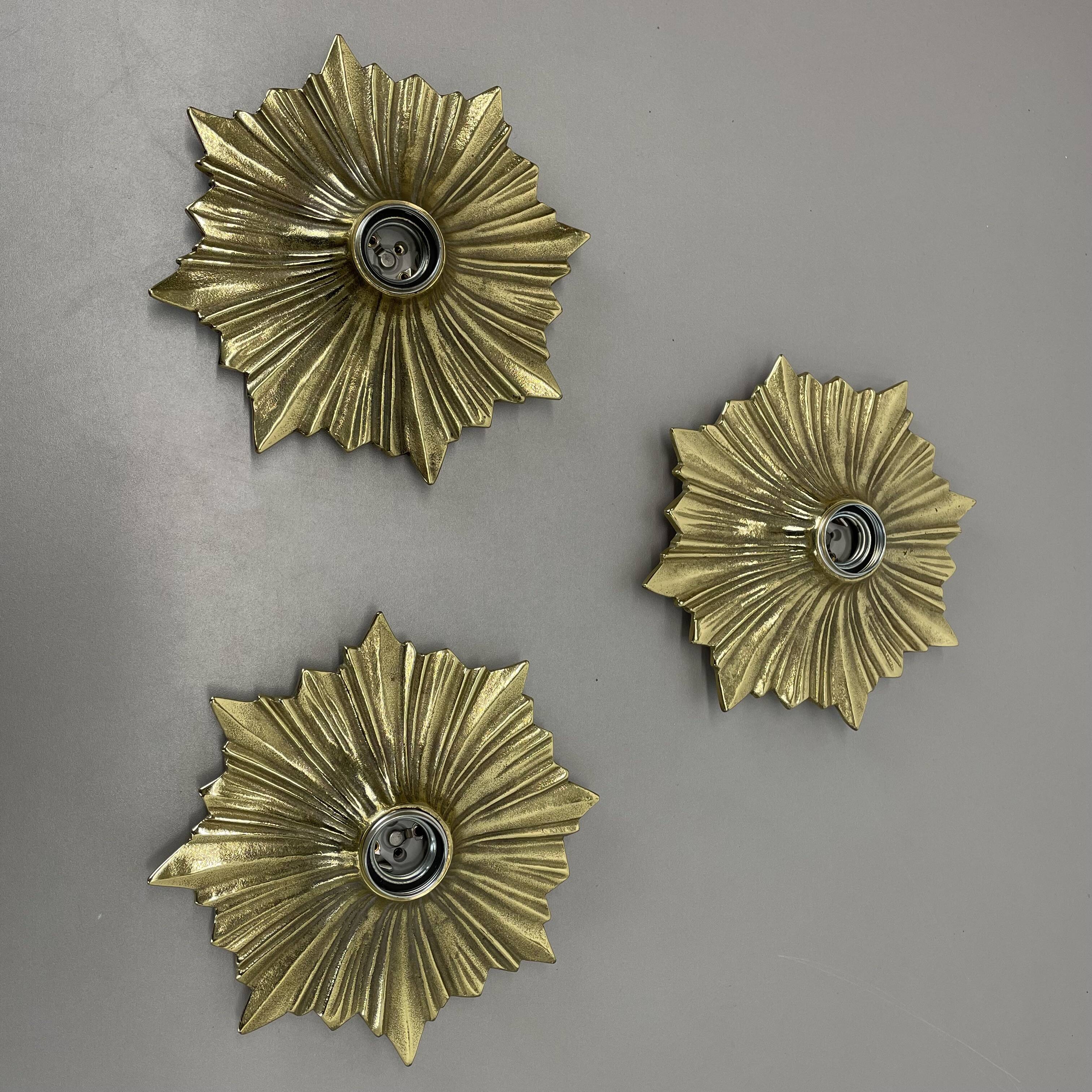 Set of Three Brutalist Bronze Sunburst Wall Lights, Italy 1950s