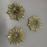 Set of Three Brutalist Bronze Sunburst Wall Lights, Italy 1950s