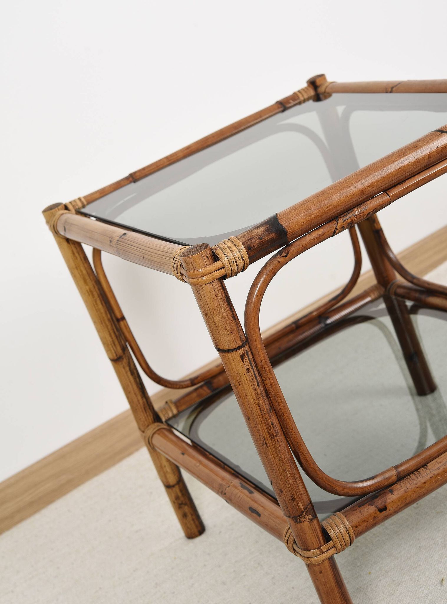 Bedside table or coffee table in bamboo and smoked glass, double top, 70s