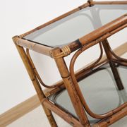 Bedside table or coffee table in bamboo and smoked glass, double top, 70s