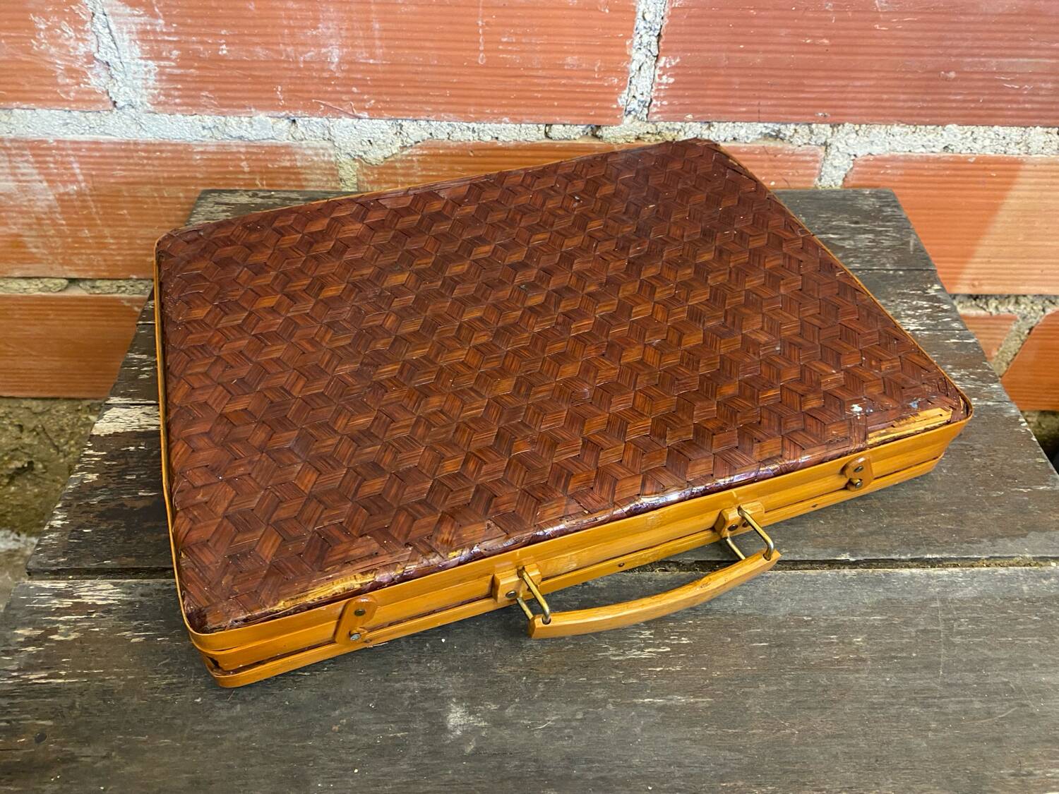 Vintage Wooden & Woven Bamboo Transport Box #D624