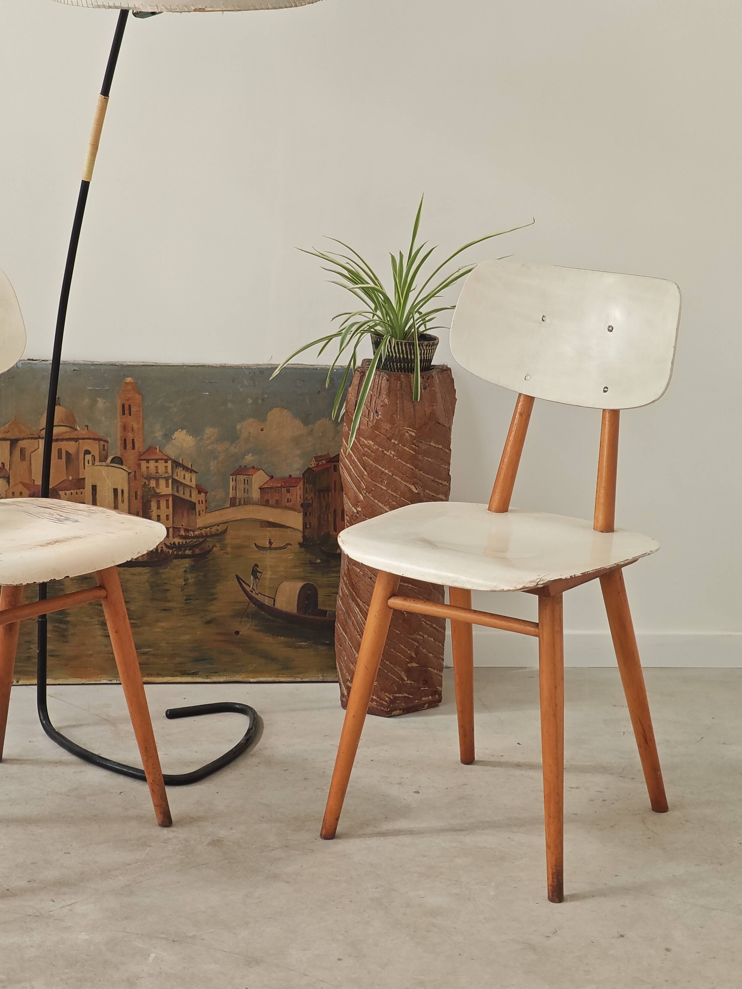 Pair of TON bystrice chairs, Thonet, white, Eastern Europe 1960.
