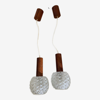 Pair of suspension in teak and vintage Scandinavian glass