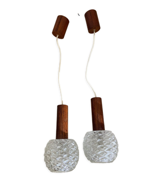 Pair of suspension in teak and vintage Scandinavian glass