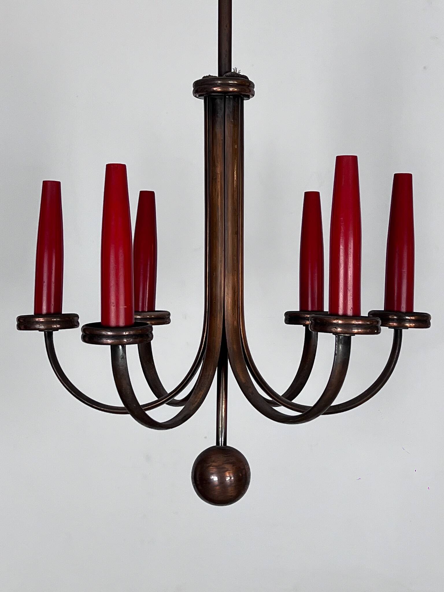 Mid-Century Modern six arms copper chandelier in Gio Ponti style. Italy 195