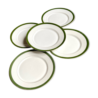 5 assiettes plates en porcelaine blanche verte et dorée