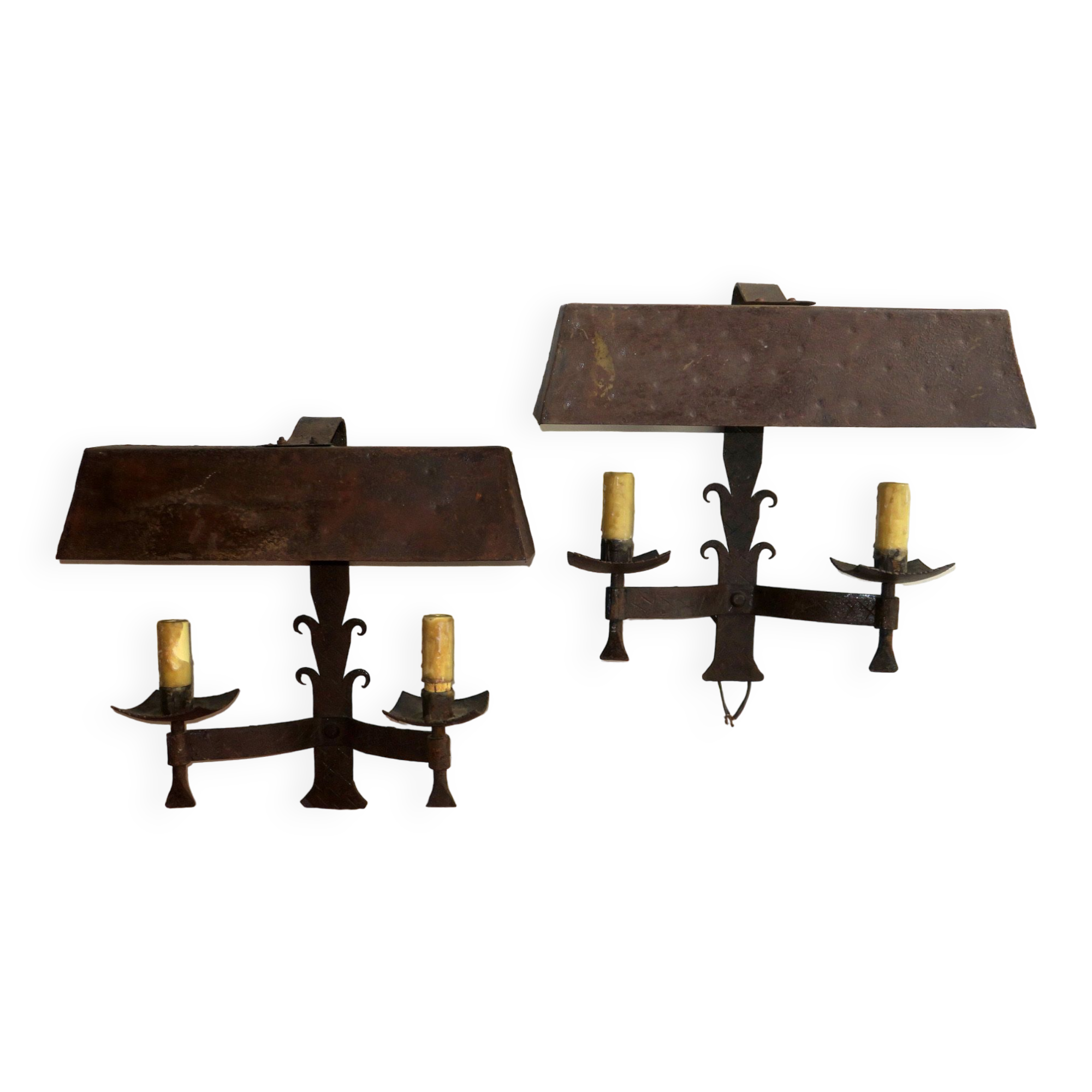 Pair of mid century patinated iron outdoor wall lights, 1960