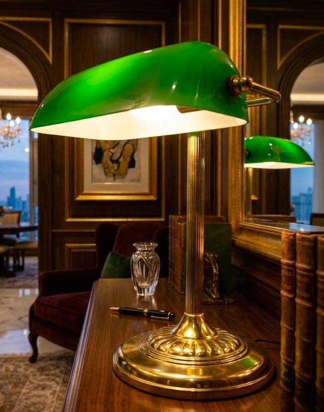 French banker lamp made of green opaline glass.