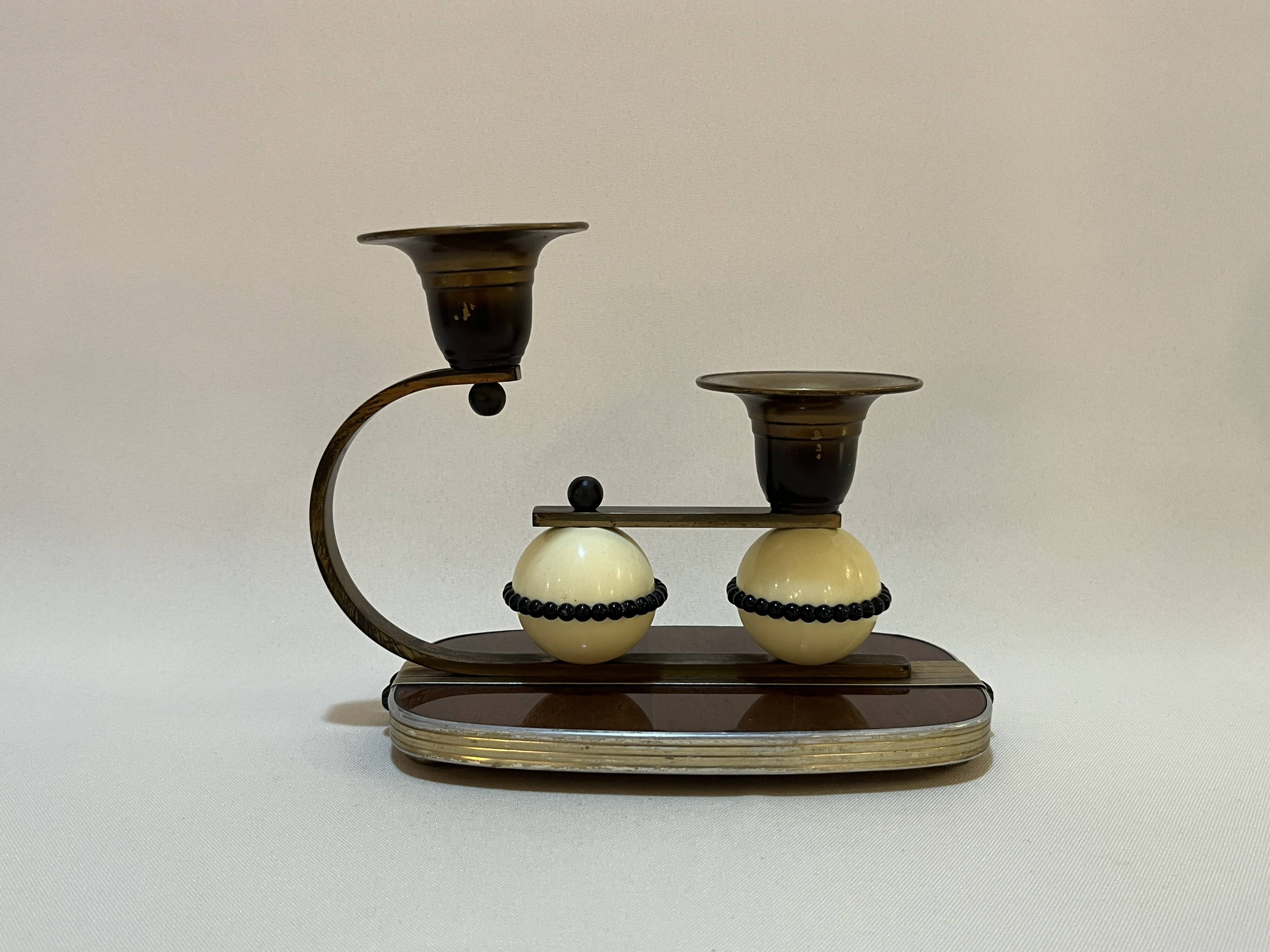 Ancien bougeoir Art Déco double laiton bois celluloïd 1930 vintage moderniste