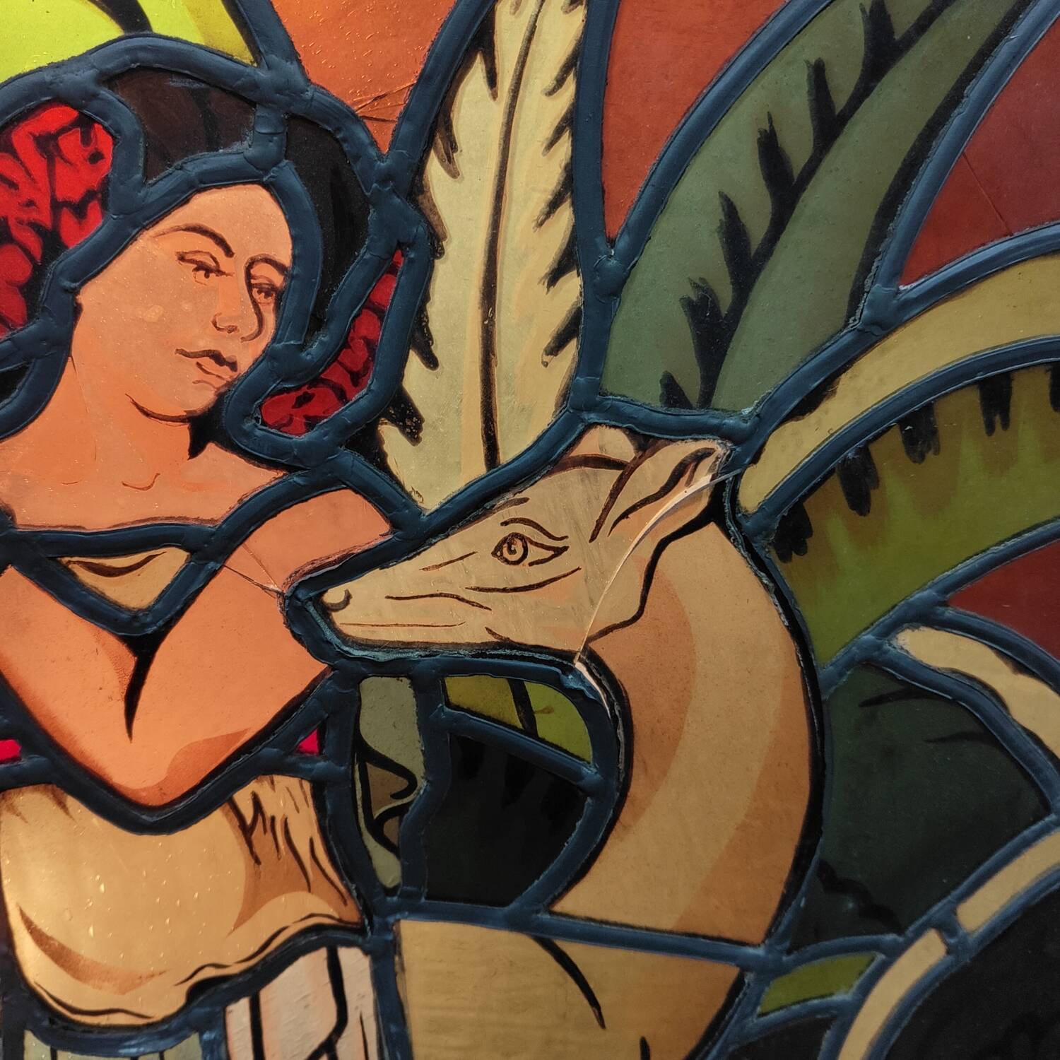 Large 19th century stained glass window The woman and the doe