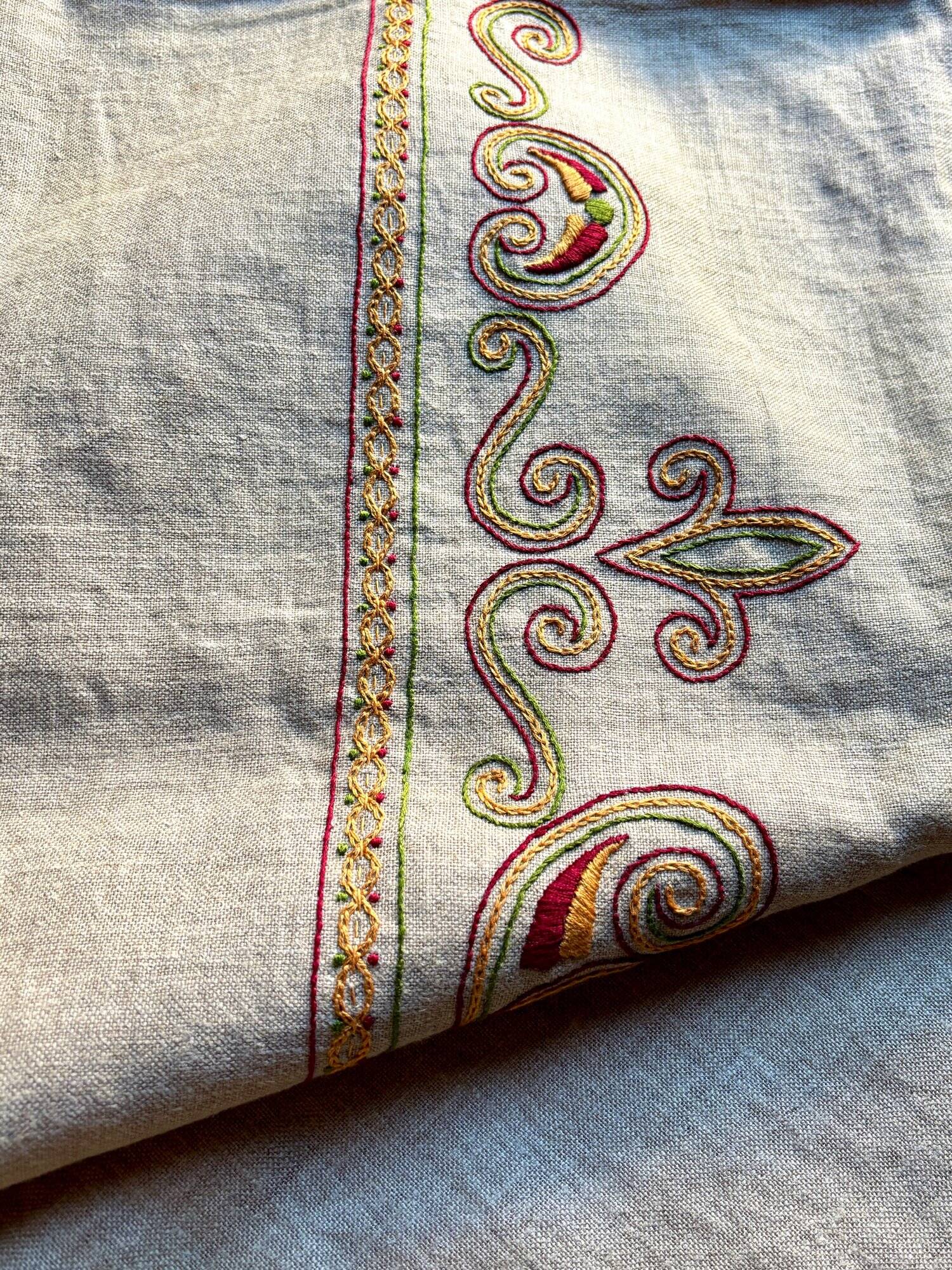 Embroidered hemp tablecloth and 12 napkins