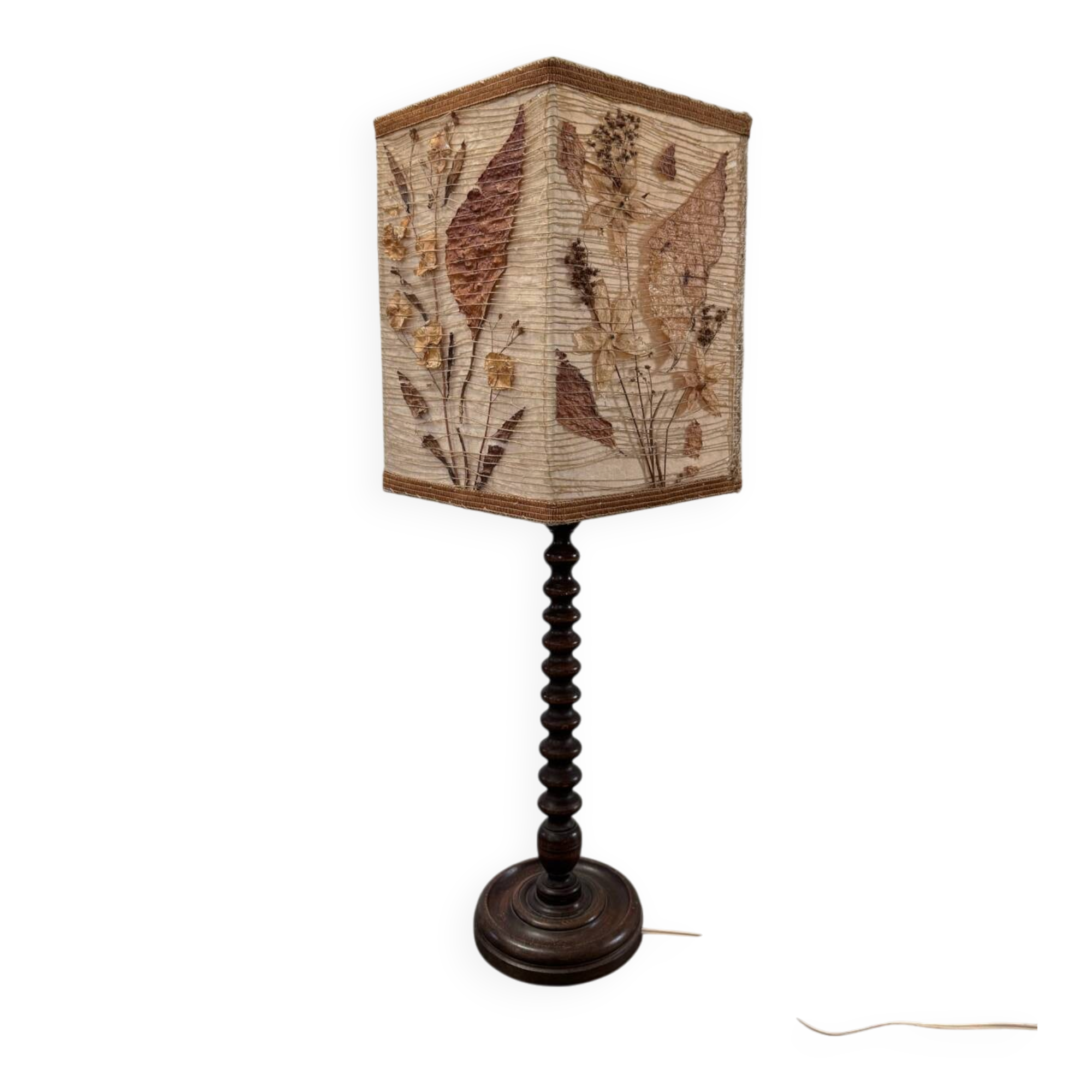 Lampe bois tourné avec abat jour herbier vintage