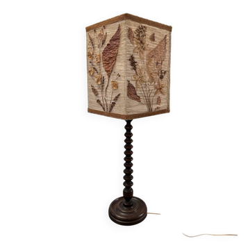Lampe bois tourné avec abat jour herbier vintage