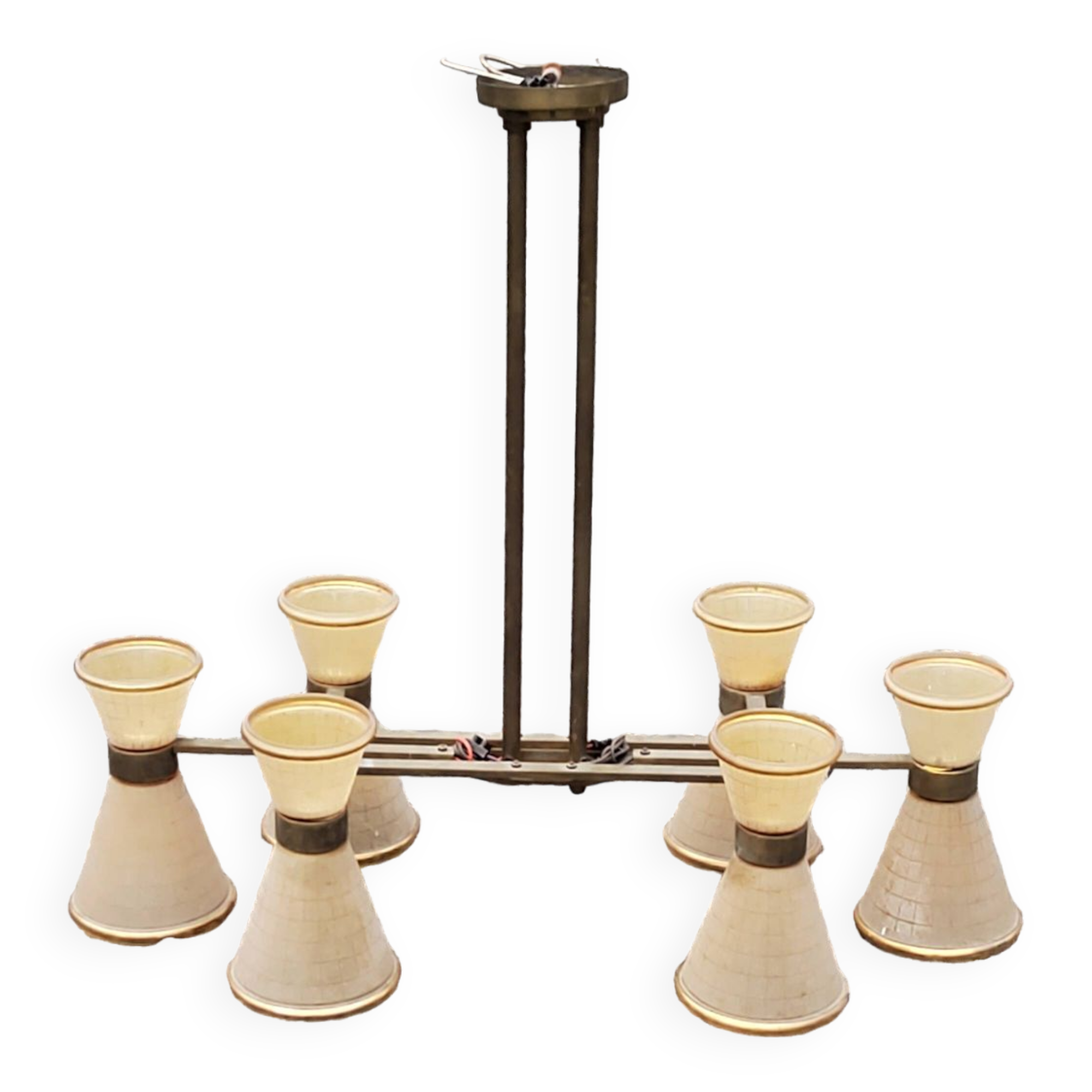 Vintage chandelier from the 50s in glass and brass 6 diabolo glass tulips