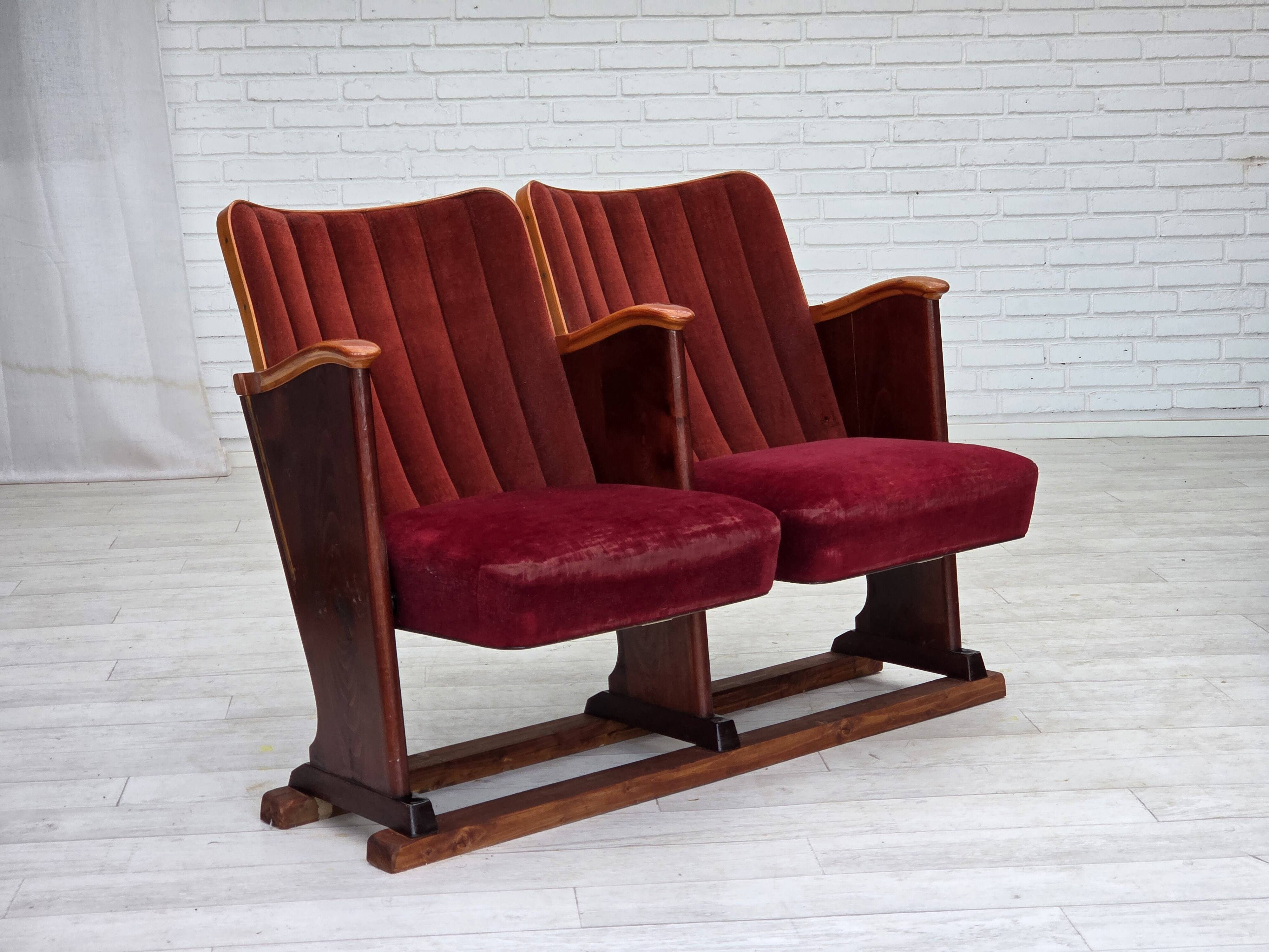 1950s, Danish theater armchairs, furniture velour, original condition.