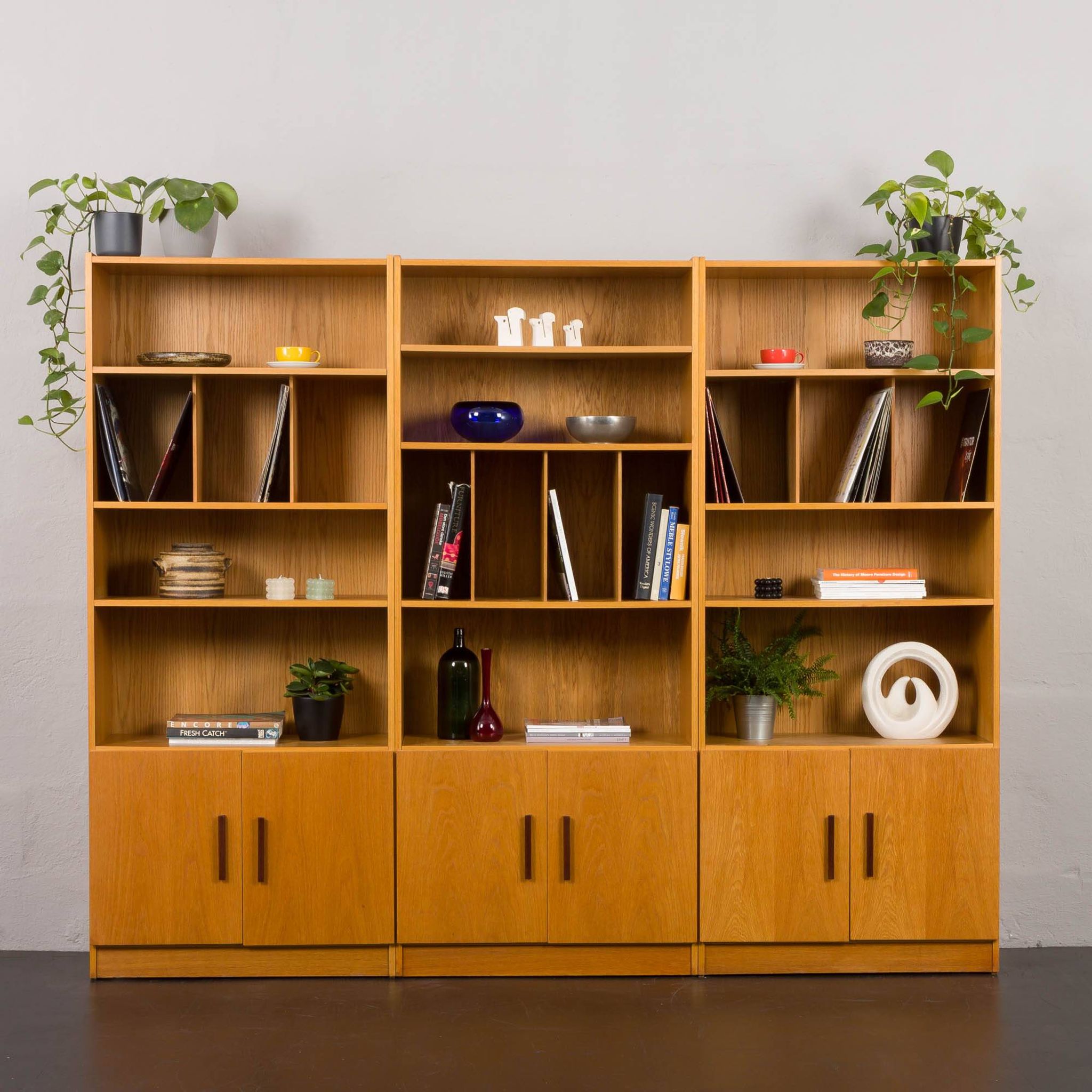 Ib Kofod Larsen Danish oak 3 modules bookshelf vinyl records shelves for Faarup, Denmark, 80s