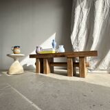 Solid wood bench with openwork base crossed by a cylinder - Mango wood