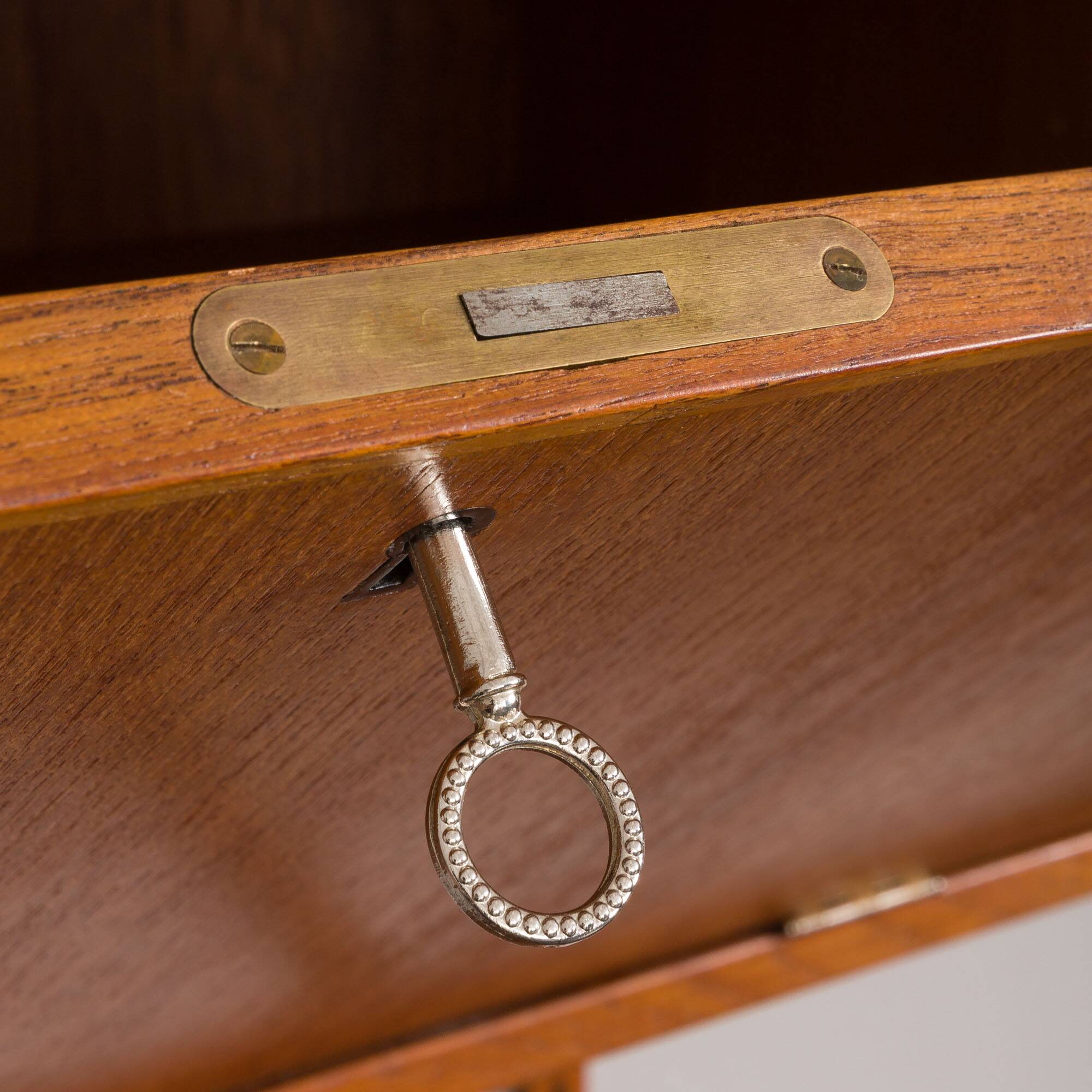 Bibliothèque modulaire à 3 baies Kai Kristiansen en teck avec armoire à porte tambour et étagère de bureau, De