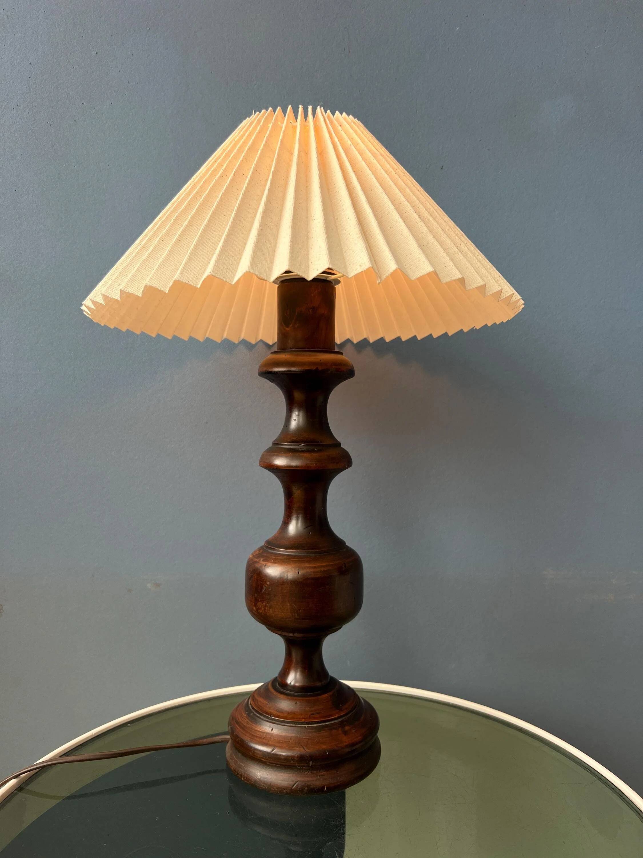 Vintage wooden table lamp with pleated shade