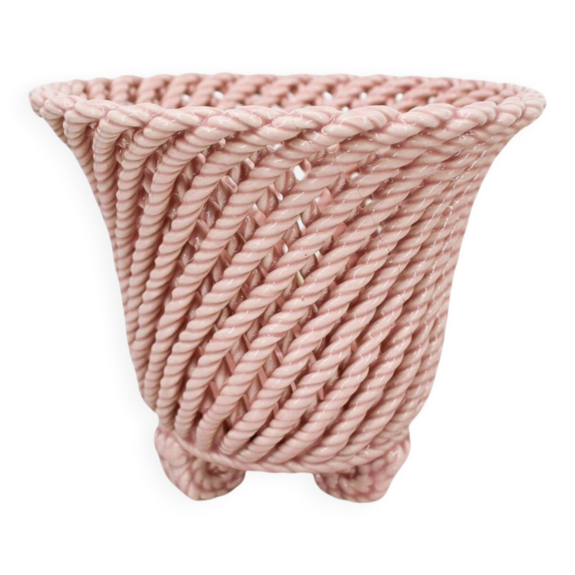 Small vintage handmade plant pot in pink woven ceramic