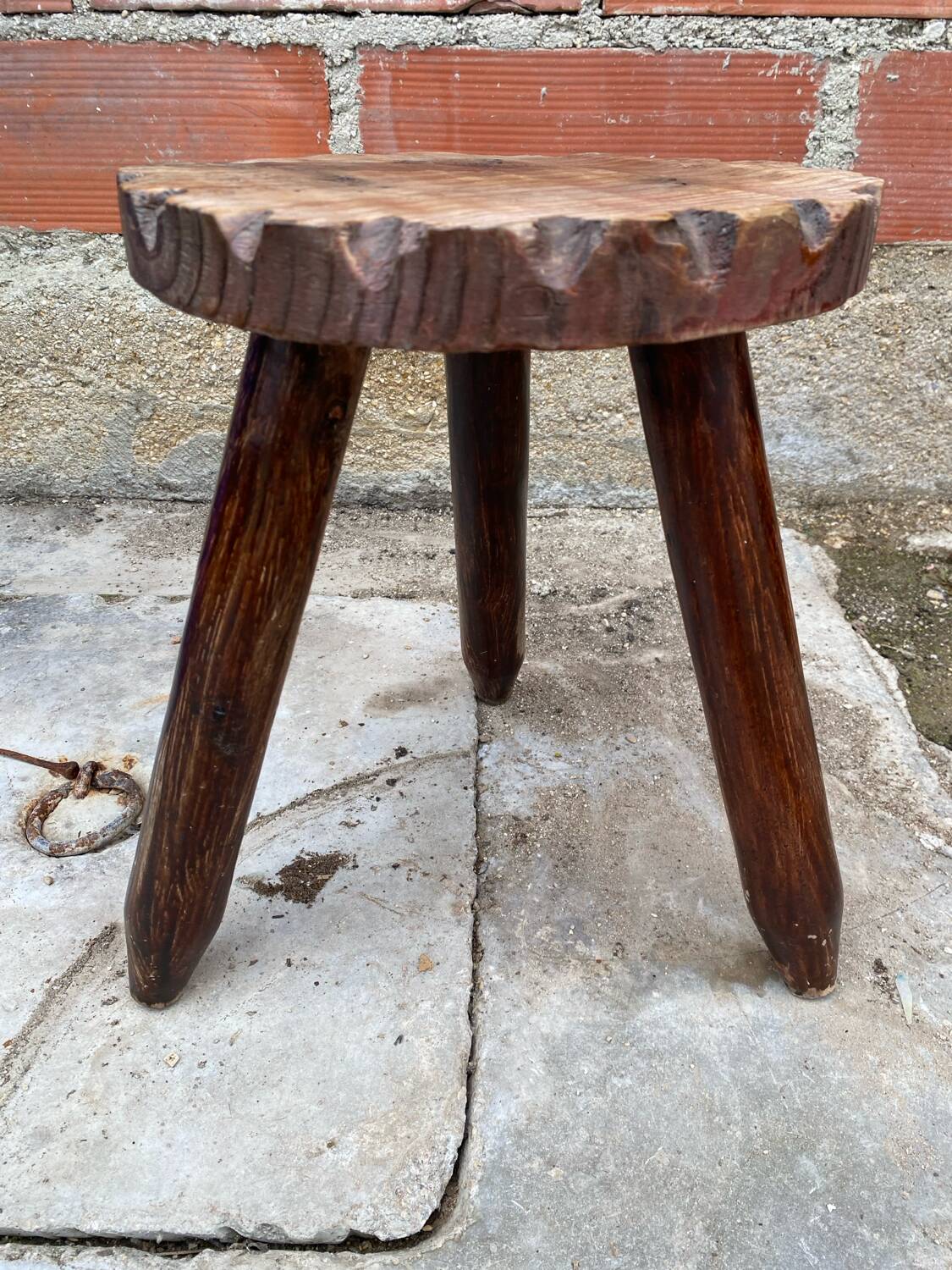 Tabouret de Traite Ancien Tripode Bois Brut Art Populaire Vintage #C60