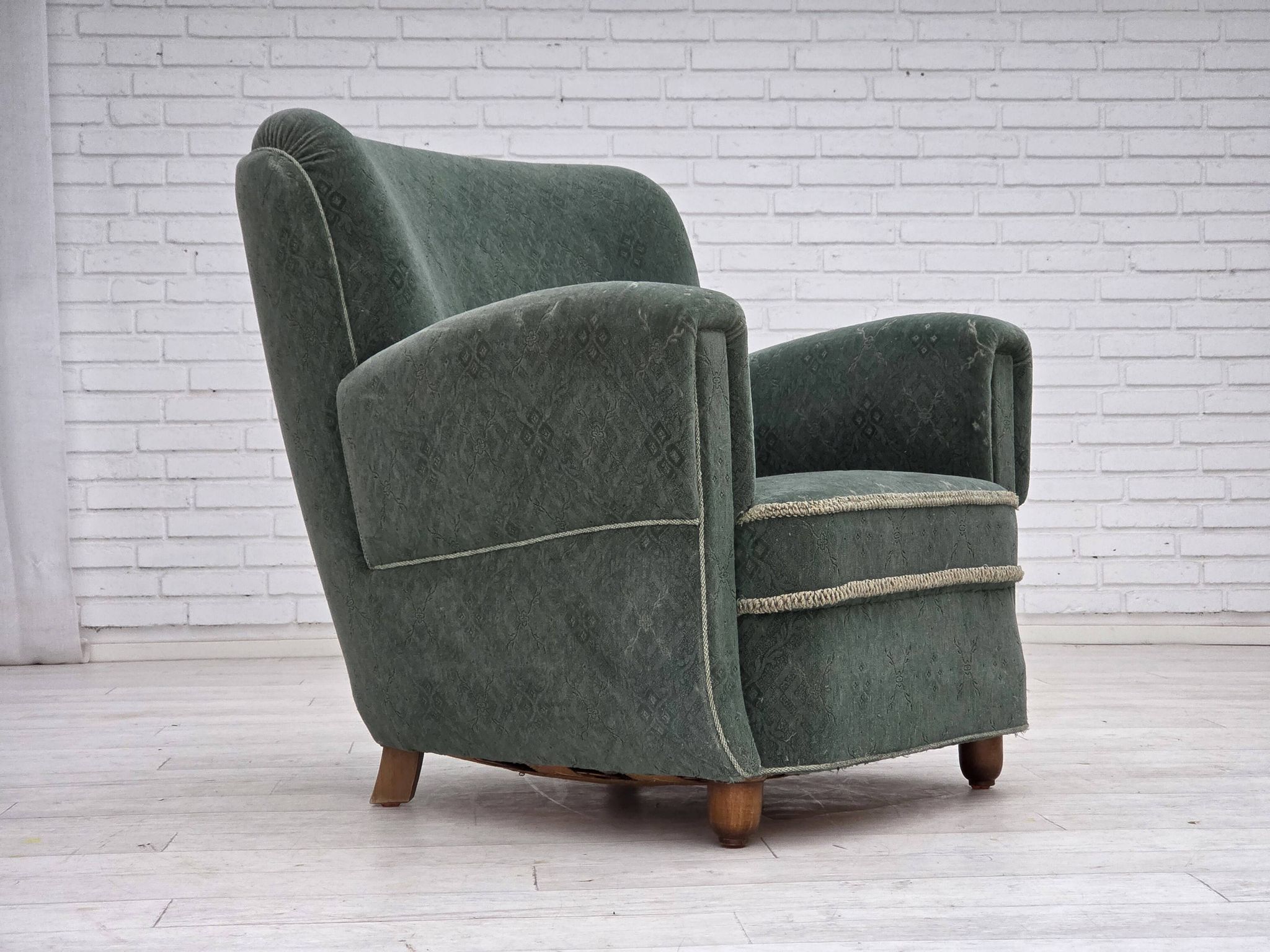 1960s, Danish armchair, light green furniture wool, oak wood legs.