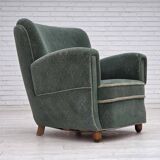 1960s, Danish armchair, light green furniture wool, oak wood legs.