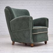 1960s, Danish armchair, light green furniture wool, oak wood legs.