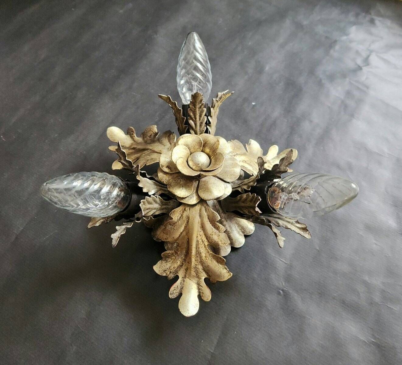 Vintage Florentine floral hand-forged silver-plated 3-light flush mount from Banci Firenze, Italy, Florence 1960s, set of 5