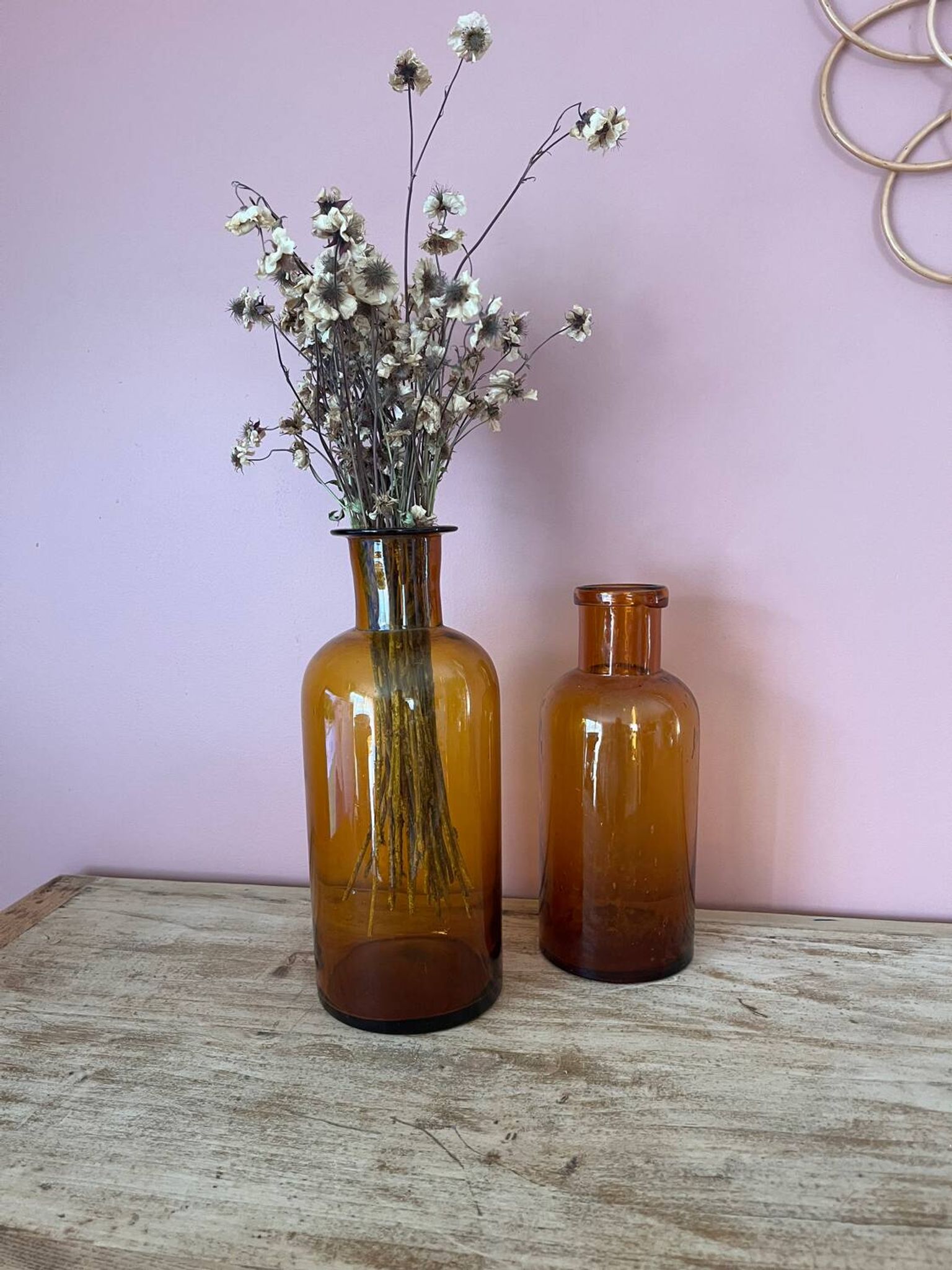 Amber glass vase bottle