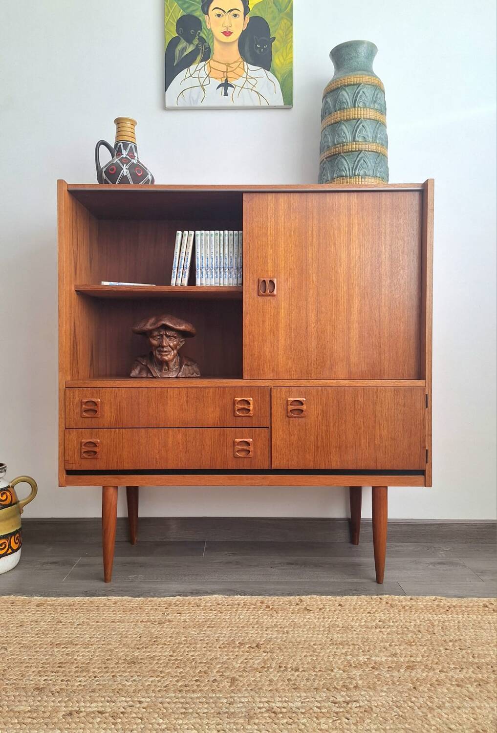 Sideboard, bookcase in teak veneer