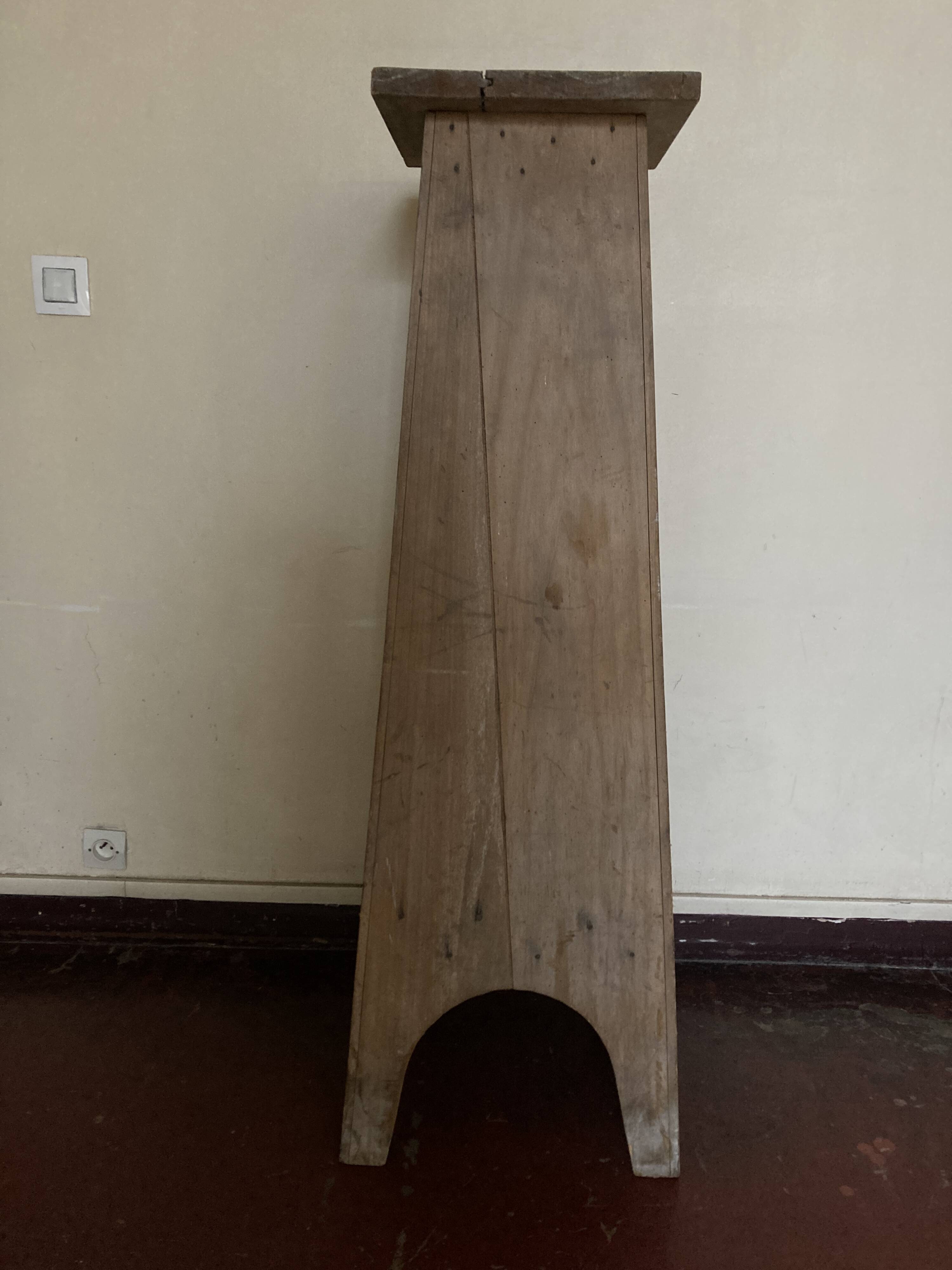 Old neo-classical workshop stool in washed wood h130cm