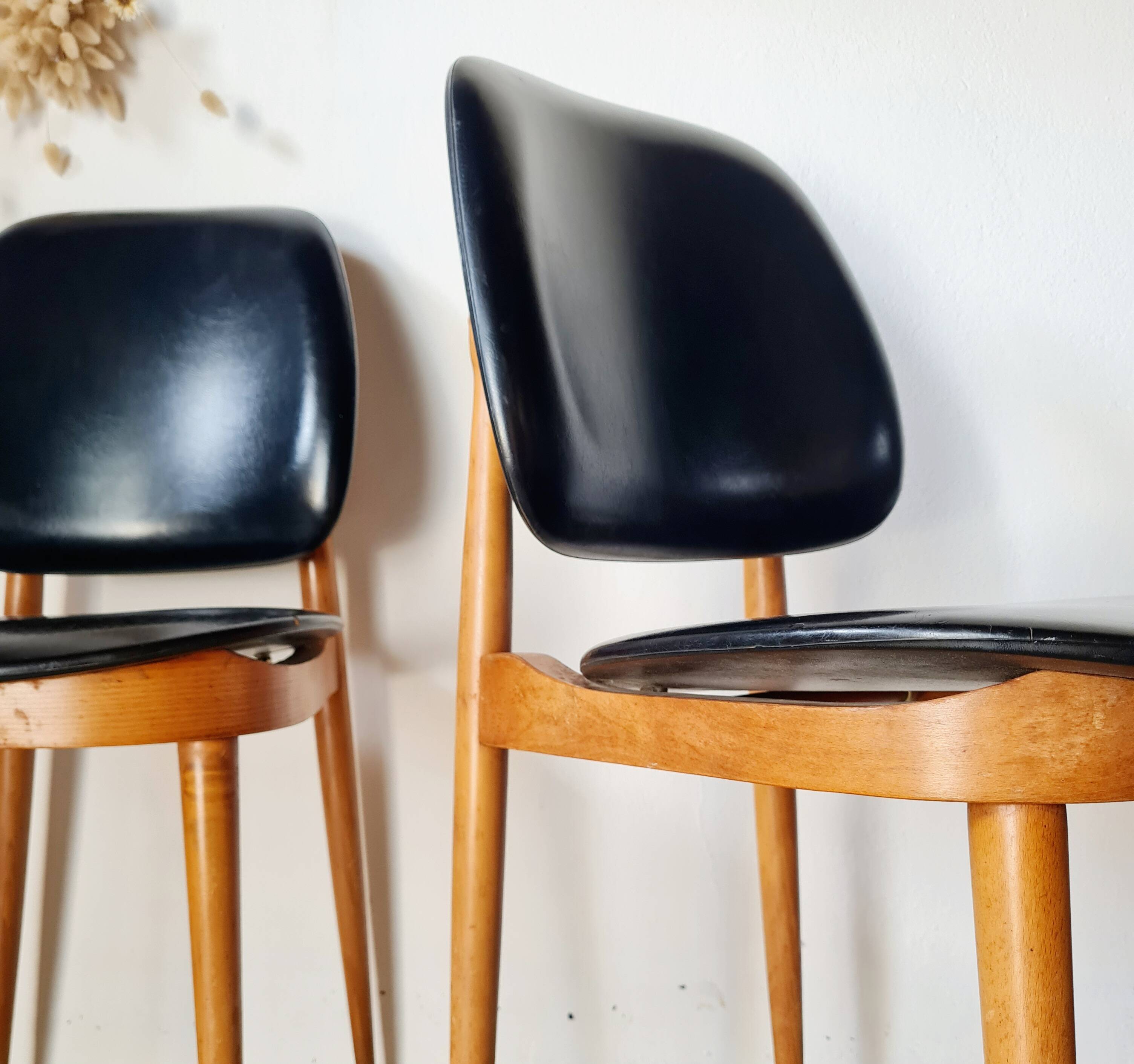 Pair of vintage 1960 chairs – Tapered legs & Black faux leather
