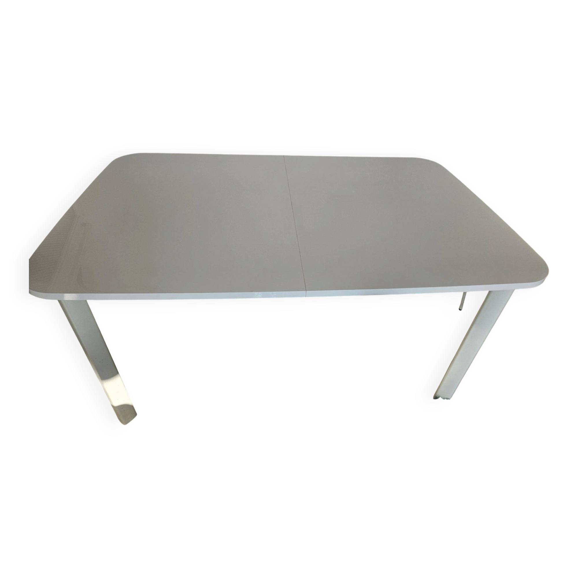 Glossy white table for dining room with white metal legs, in very good condition.