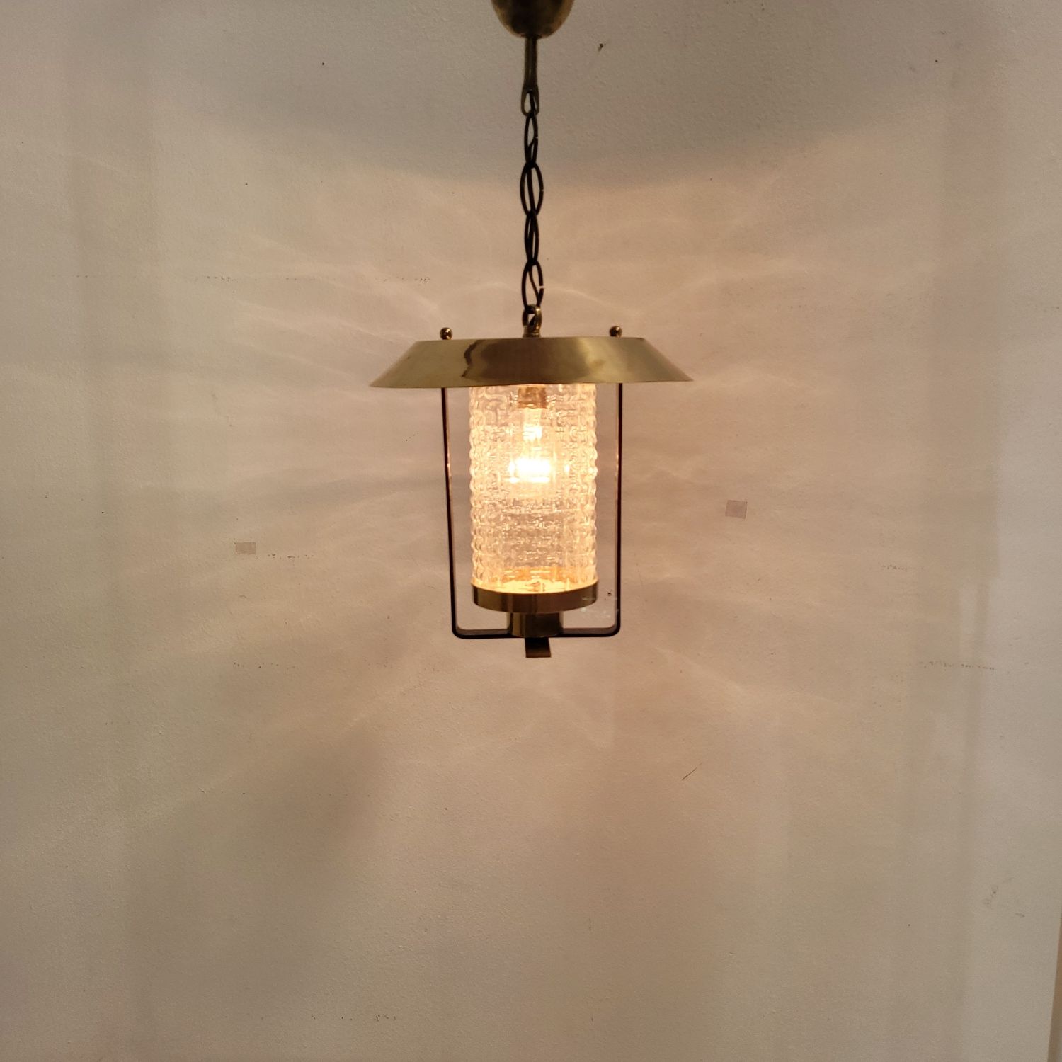 Vintage Pendant Lamp Maison Arlus in glass and brass year 70