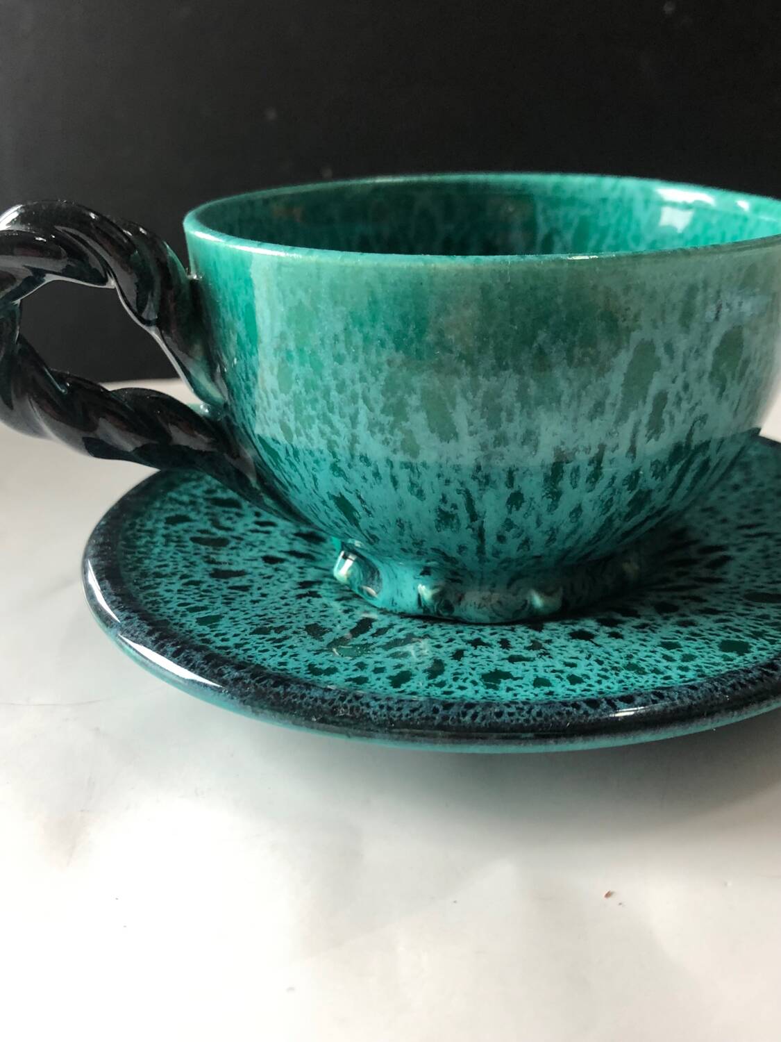 Turquoise Vallauris Braided Ceramic Cup and Saucer by Marius Giuge