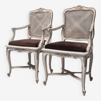 Pair of regency style cane armchairs - painted wood - 19th