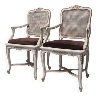Pair of regency style cane armchairs - painted wood - 19th