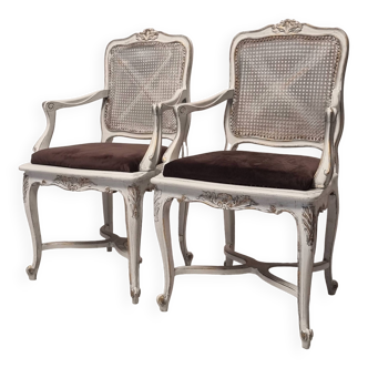 Pair of Regency-style caned armchairs - painted wood - 19th century