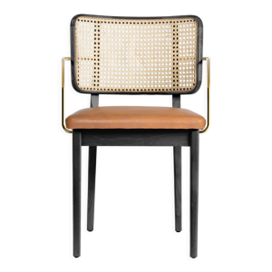 chaise cannage bois noir - cuir