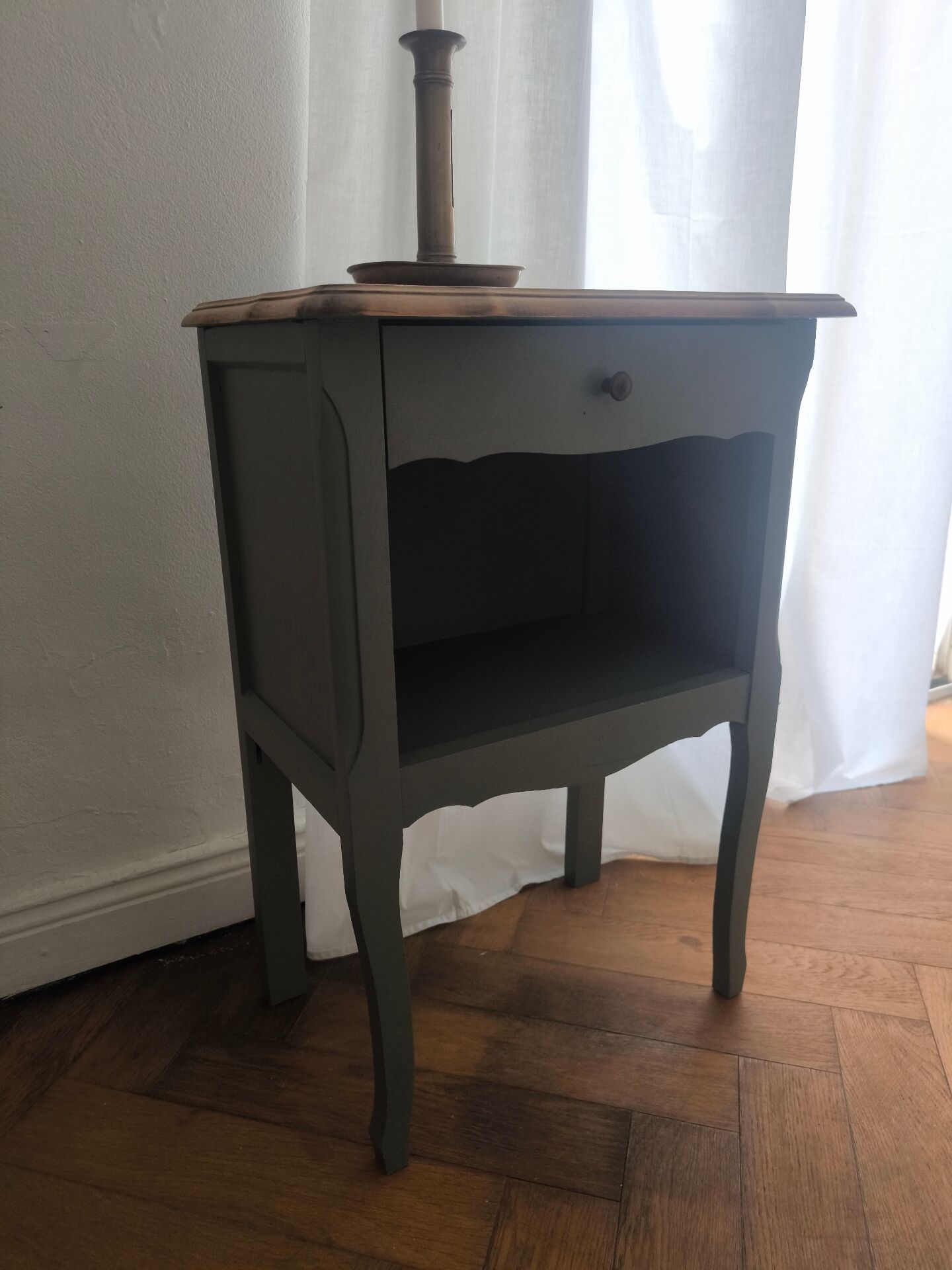 Louis XV bedside table revamped in solid oak and sage green/grey green.