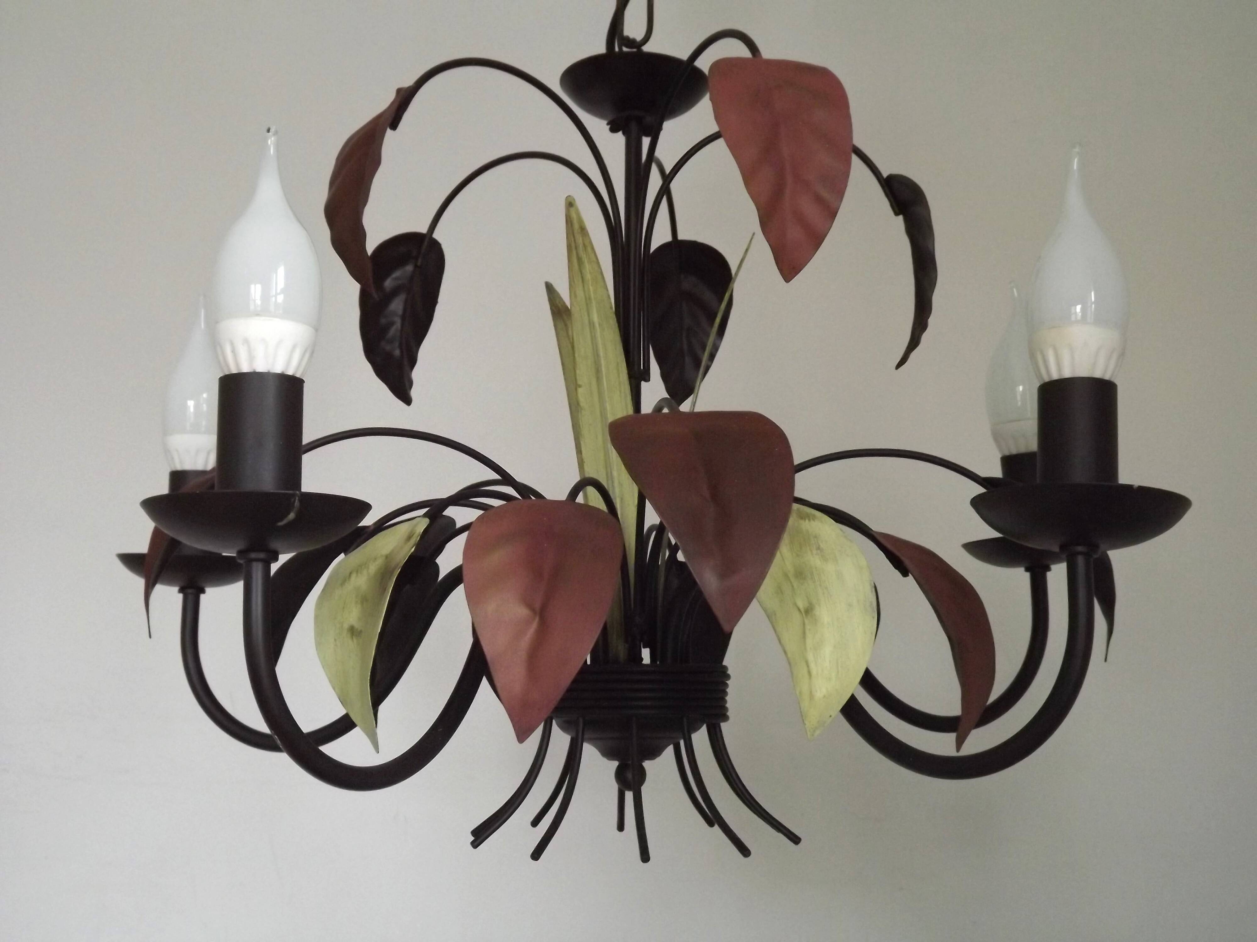 French Vintage 5 Light Brown & Green Tied Boquet Leaf Chandelier