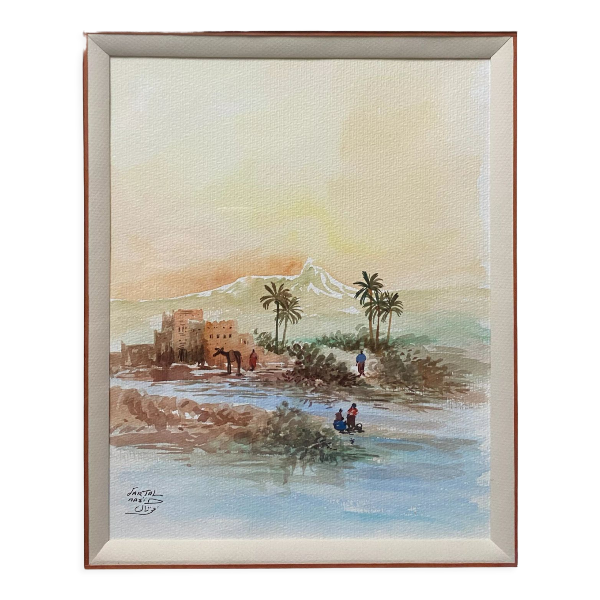 Watercolor painting "animated Orientalist landscape" signed (to decipher) + frame