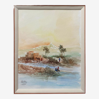 Tableau Aquarelle "paysage Orientaliste animée" signée (à déchiffrer) + cadre