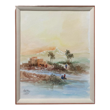Watercolor painting "animated Orientalist landscape" signed (to decipher) + frame