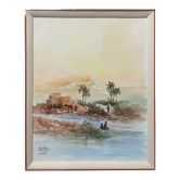 Watercolor painting "animated Orientalist landscape" signed (to decipher) + frame