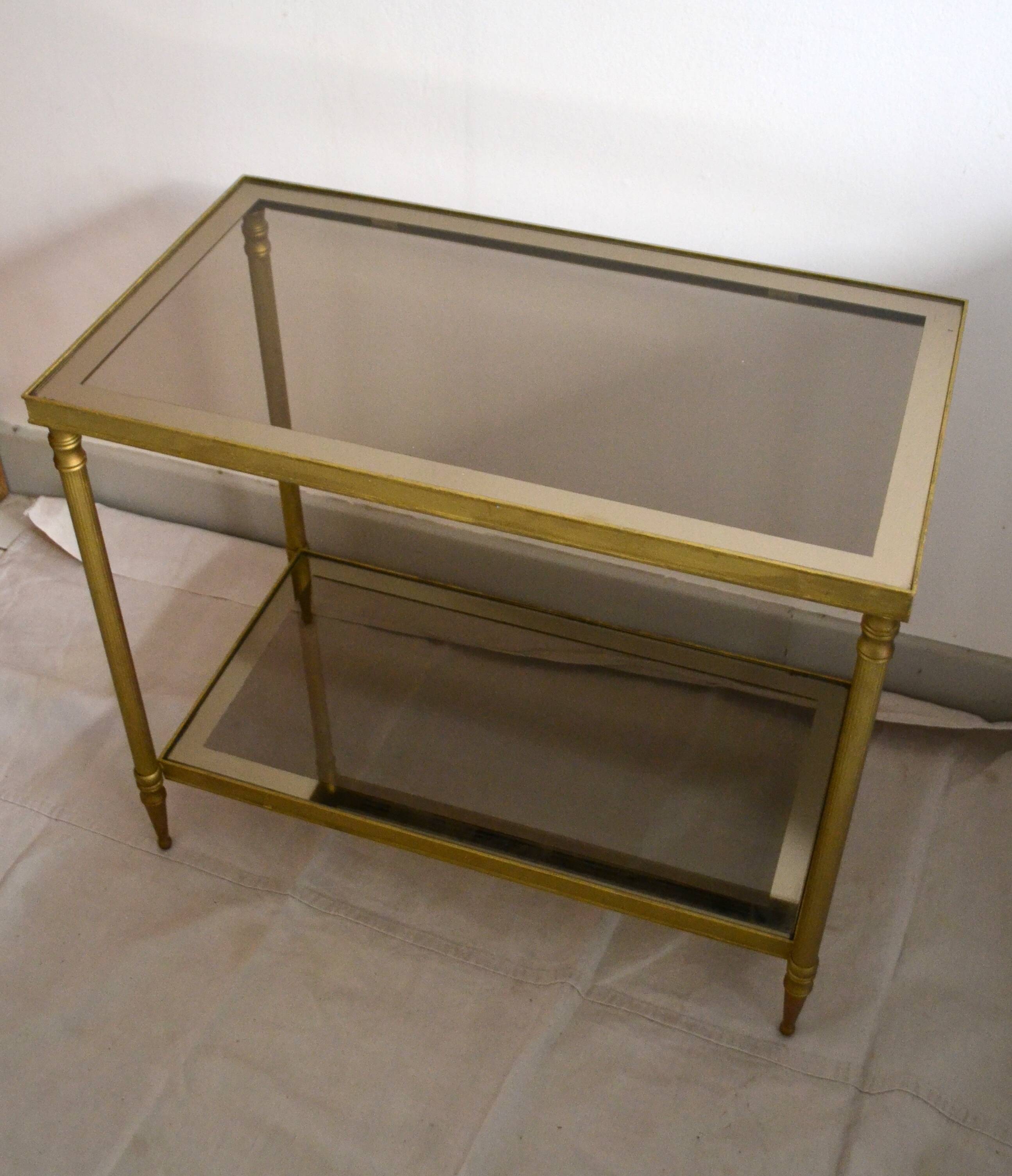 Side table, gold brass, smoked glass, 70s.